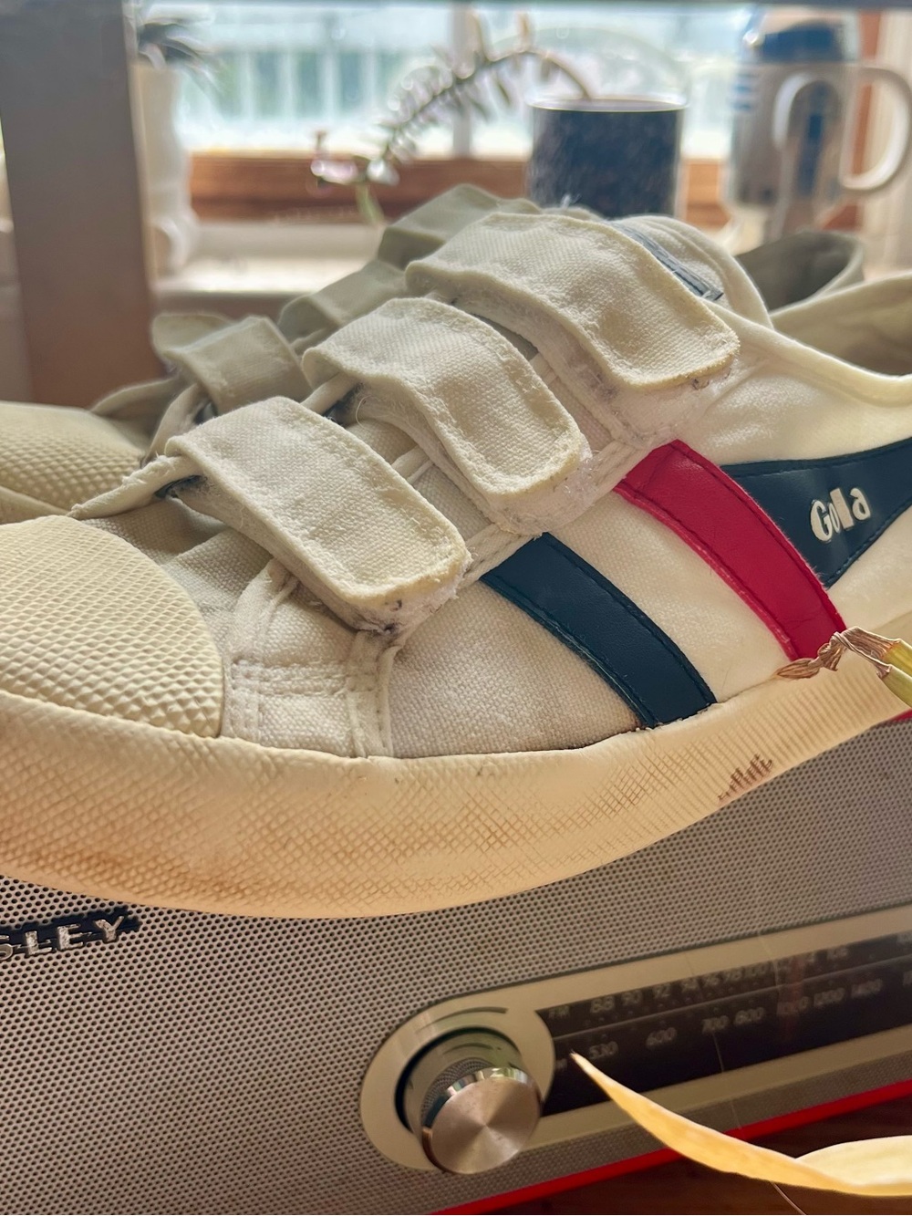 Gola Vegan White Canvas Sneakers with Navy & Red Stripes